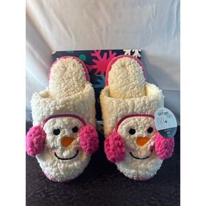Nordstrom Rack Snowman Sherpa Slippers Pink Earmuffs Memory Foam Women Small 5-6